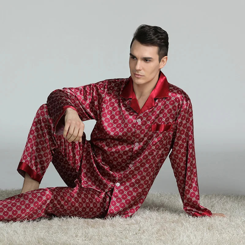 PLUS SIZE Men's Pajamas 2PCS Sleepwear Set Silk Satin Indoor