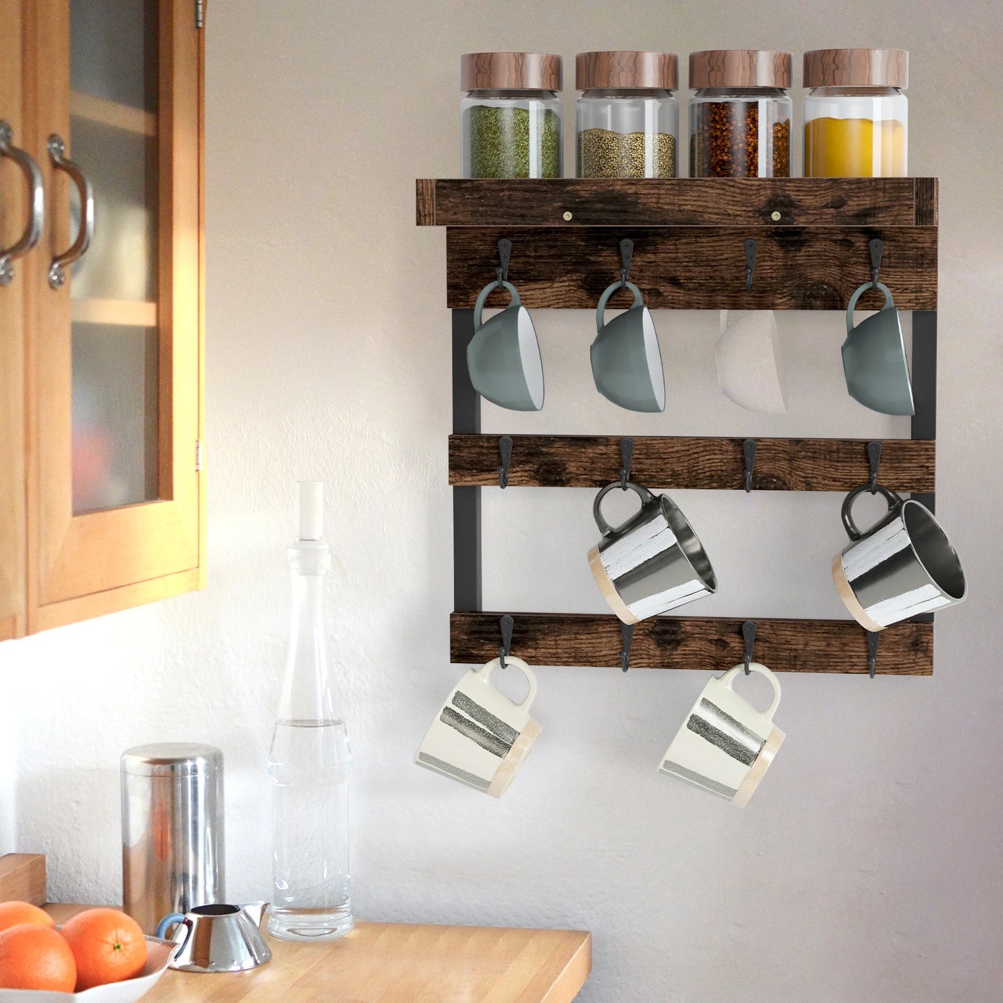 Wall Mounted Coffee Mug Holder with 12 Hooks and Storage Shelf Display Rack Home Decor