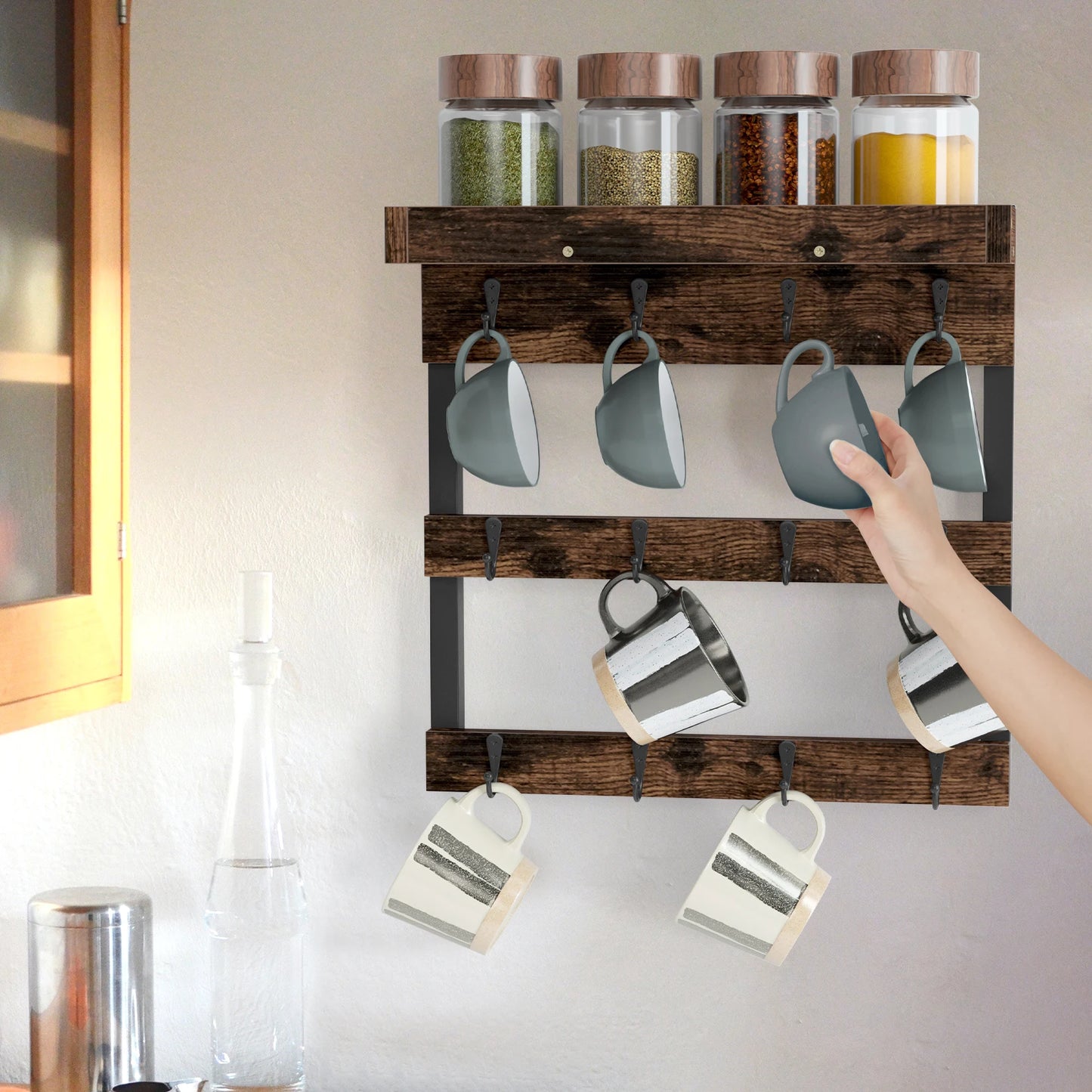 Wall Mounted Coffee Mug Holder with 12 Hooks and Storage Shelf Display Rack Home Decor