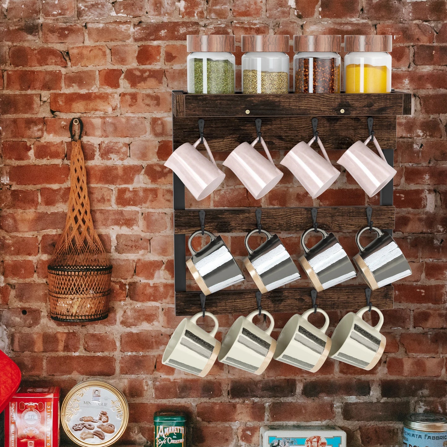 Wall Mounted Coffee Mug Holder with 12 Hooks and Storage Shelf Display Rack Home Decor