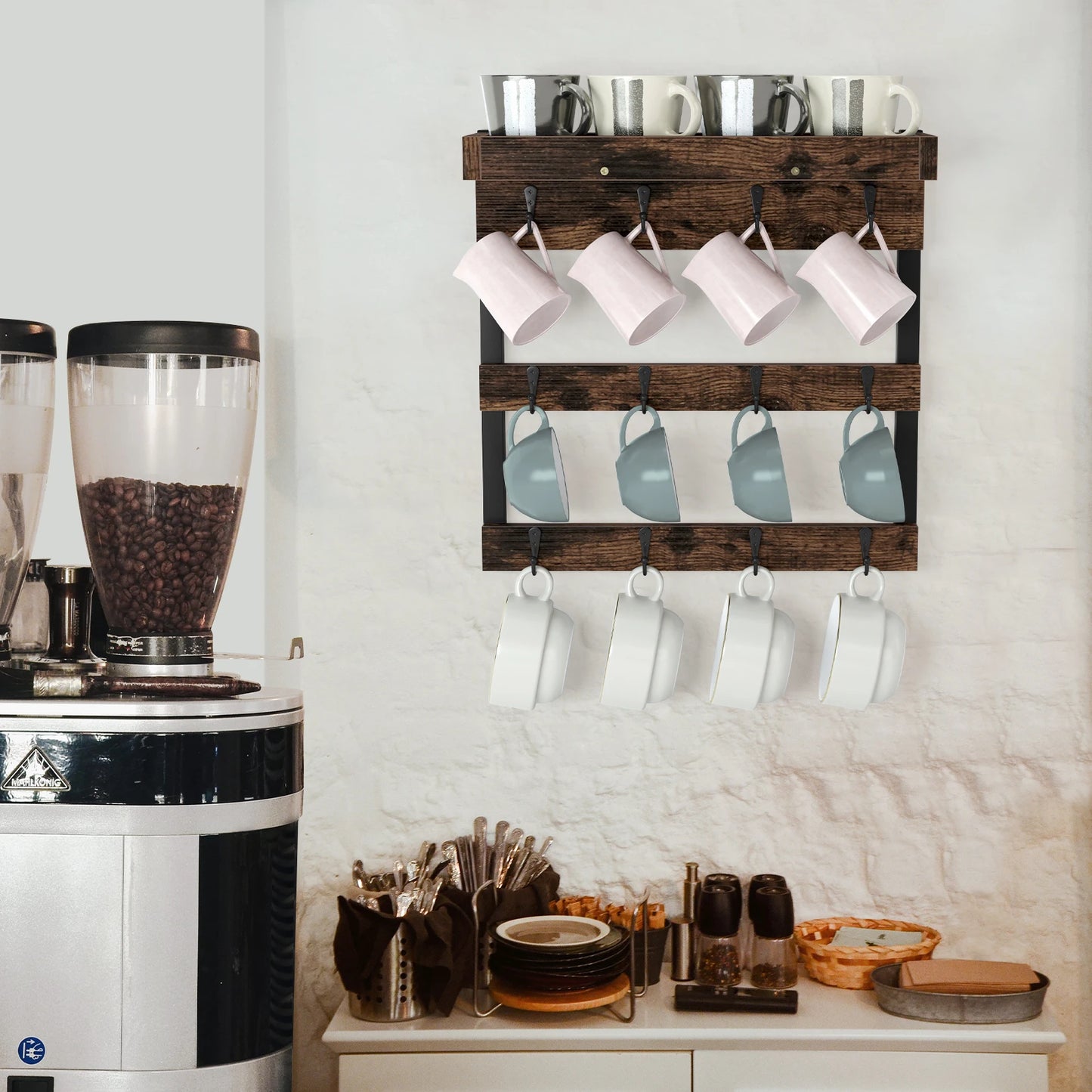 Wall Mounted Coffee Mug Holder with 12 Hooks and Storage Shelf Display Rack Home Decor