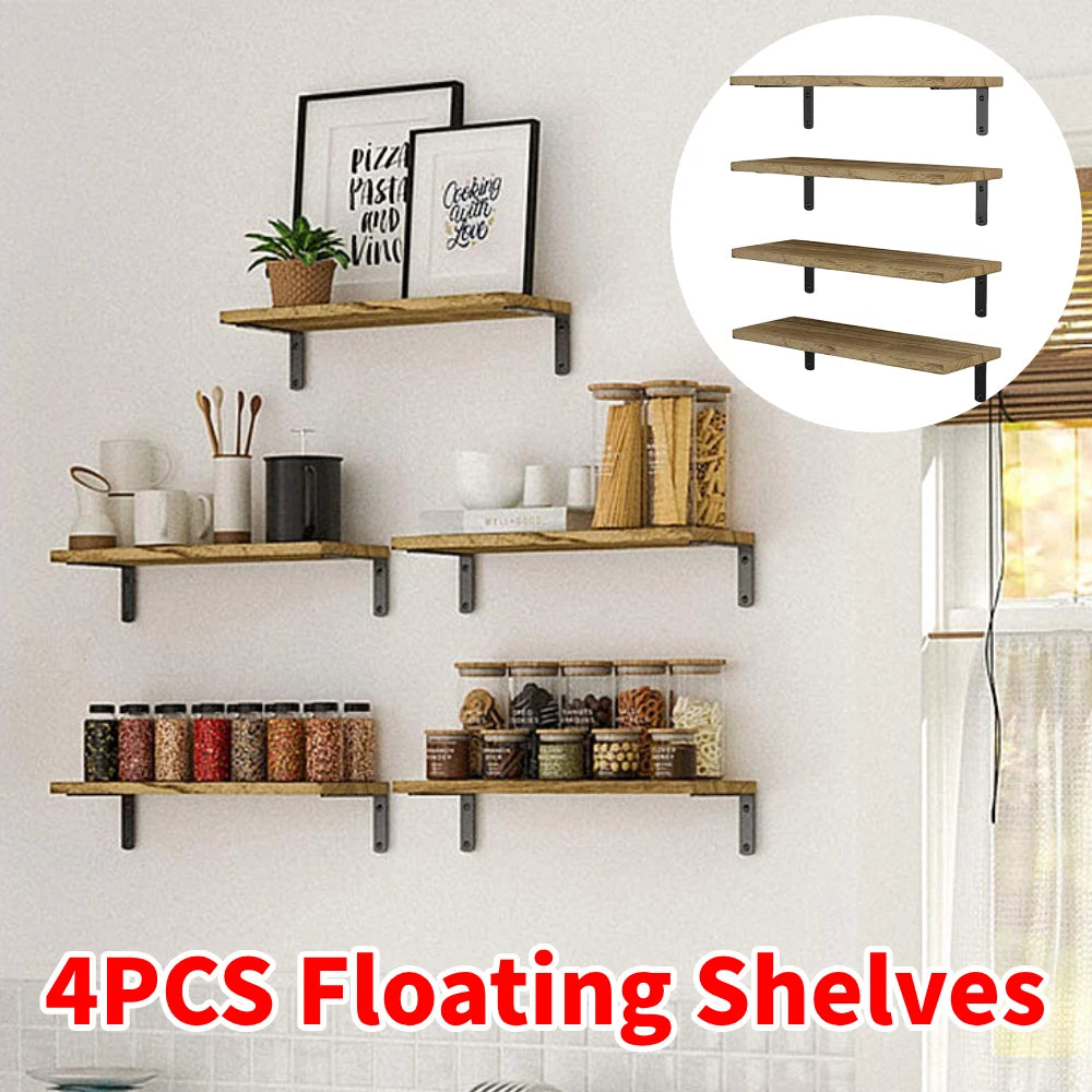 4PCS Wall Mounted Wood Shelves Rustic Floating Book Shelf Decorative Multipurpose for Home Storage