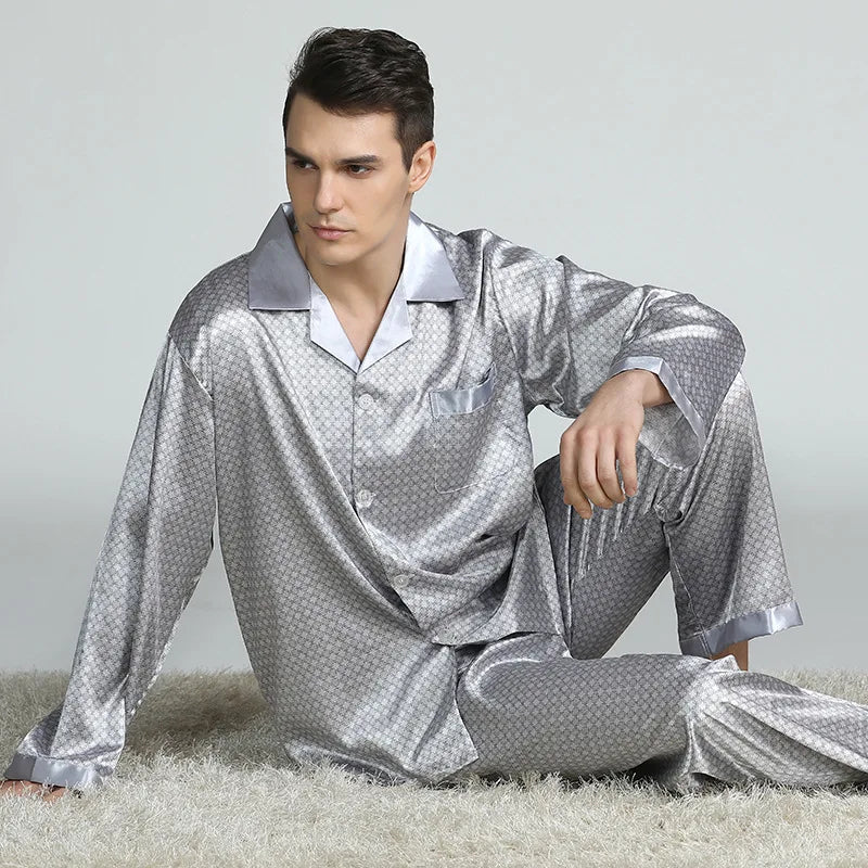 PLUS SIZE Men's Pajamas 2PCS Sleepwear Set Silk Satin Indoor