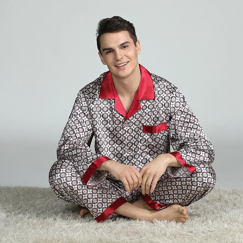 PLUS SIZE Men's Pajamas 2PCS Sleepwear Set Silk Satin Indoor