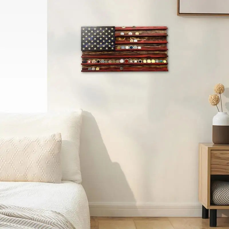 American Flag Display 7 Rows Wood Stand Rack Wall Mounted