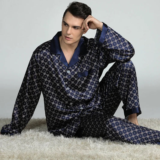 PLUS SIZE Men's Pajamas 2PCS Sleepwear Set Silk Satin Indoor
