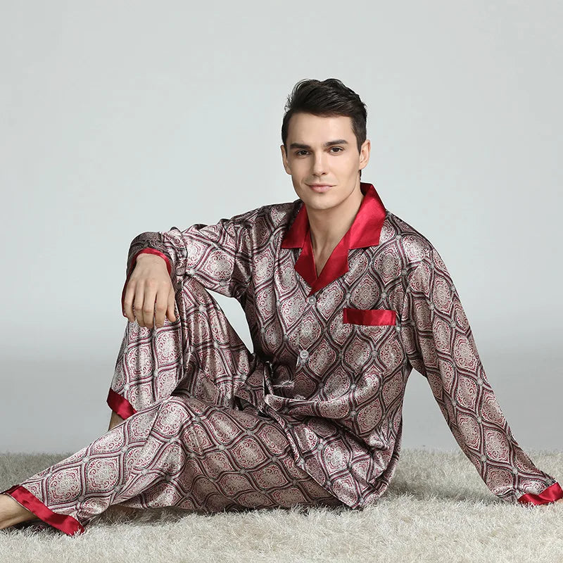PLUS SIZE Men's Pajamas 2PCS Sleepwear Set Silk Satin Indoor