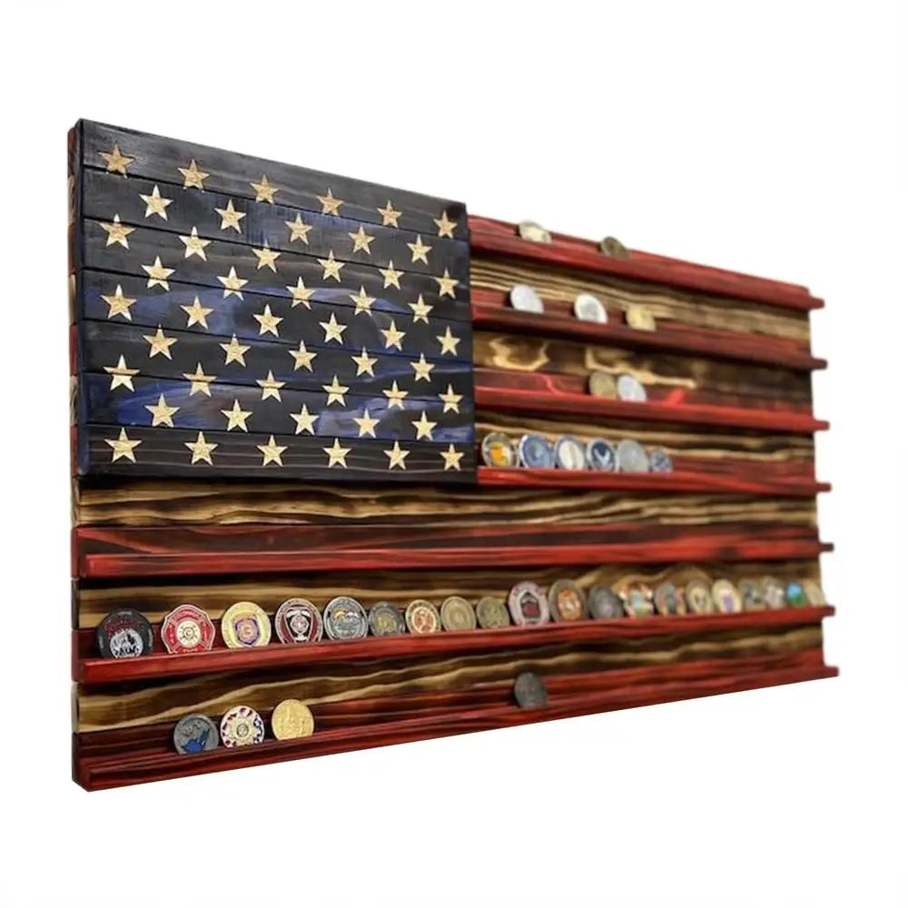 American Flag Display 7 Rows Wood Stand Rack Wall Mounted