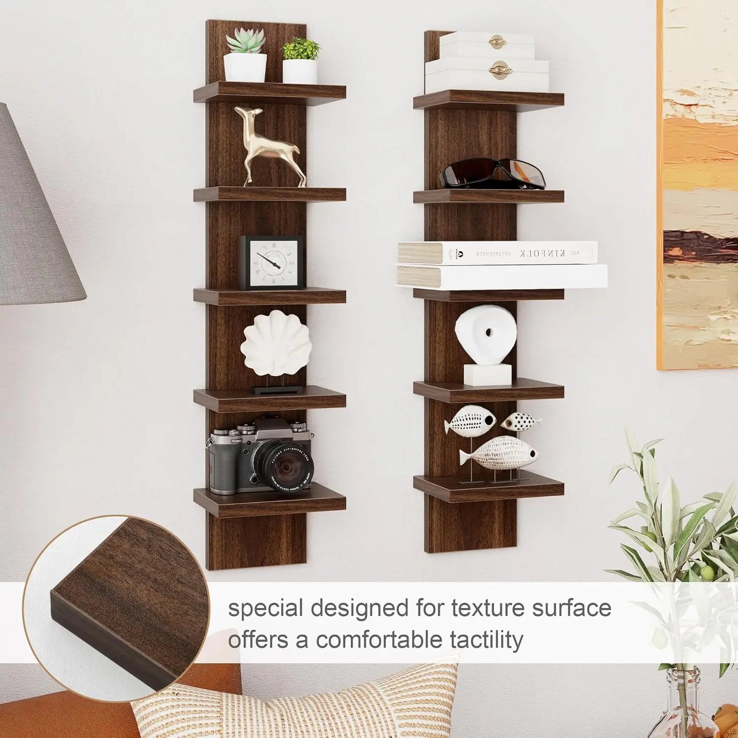 5 Tier Wall Shelf 2Pcs, Decorative Wall Mount Vertical Shelving, Floating Storage Decor Organizer