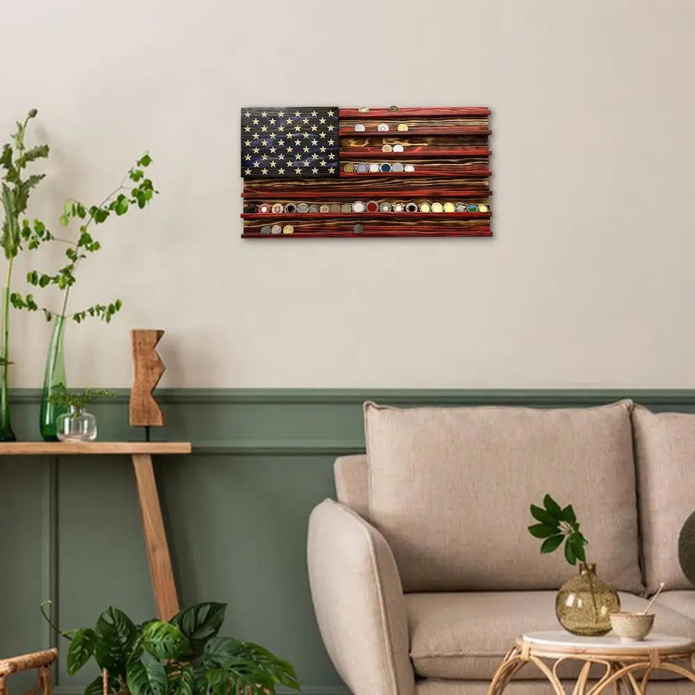 American Flag Display 7 Rows Wood Stand Rack Wall Mounted