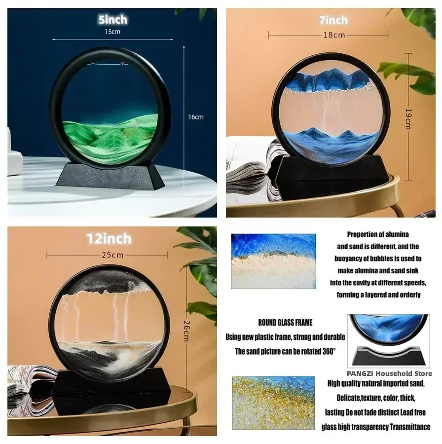 3D Moving Sand Art Round Glass Deep Sea Sandscape Hourglass Quicksand Home Decor Gift