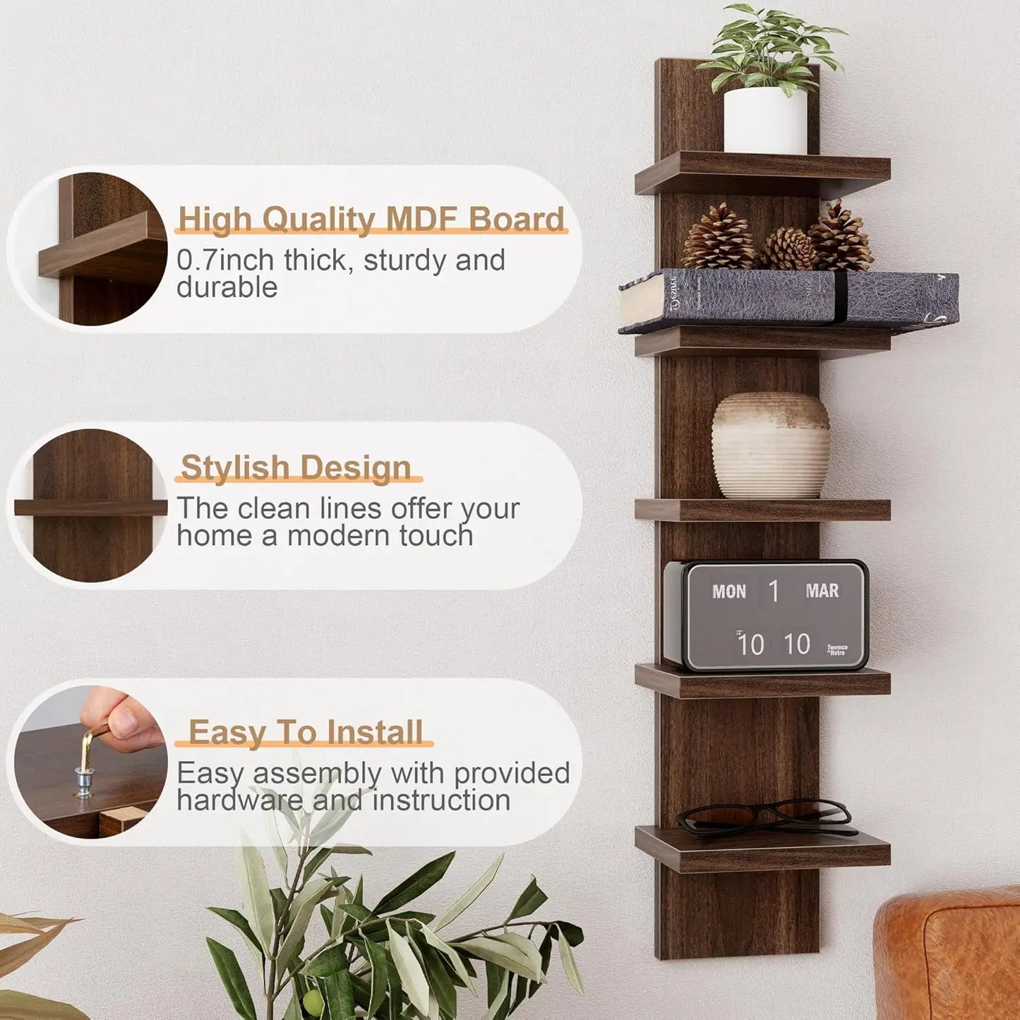 5 Tier Wall Shelf 2Pcs, Decorative Wall Mount Vertical Shelving, Floating Storage Decor Organizer