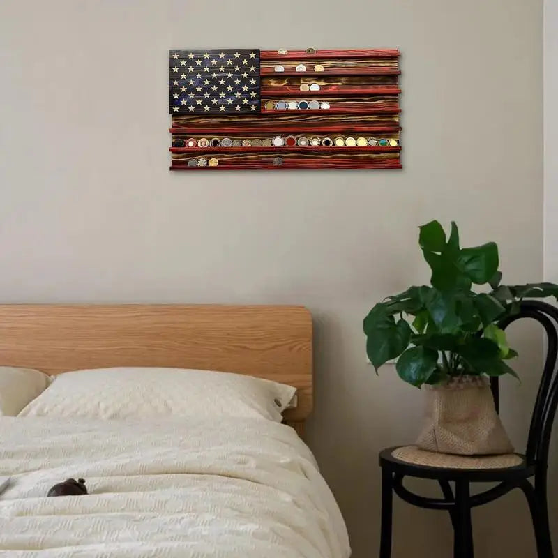 American Flag Display 7 Rows Wood Stand Rack Wall Mounted