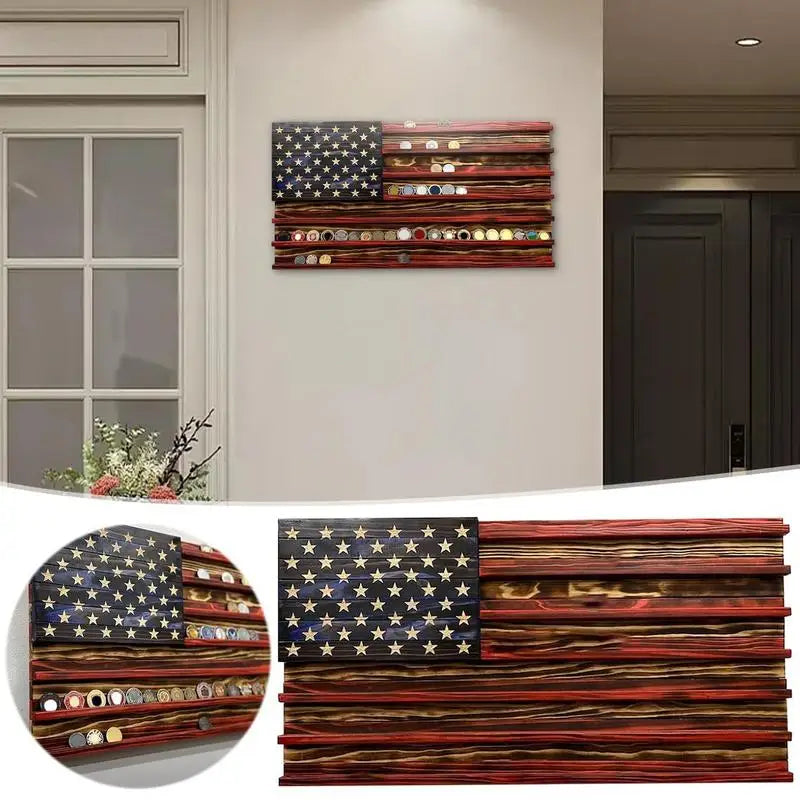 American Flag Display 7 Rows Wood Stand Rack Wall Mounted