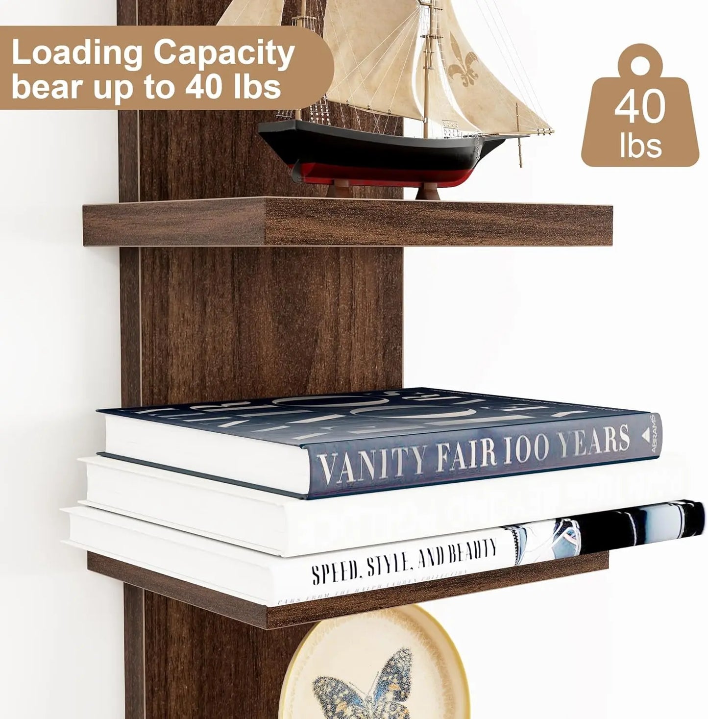 5 Tier Wall Shelf 2Pcs, Decorative Wall Mount Vertical Shelving, Floating Storage Decor Organizer