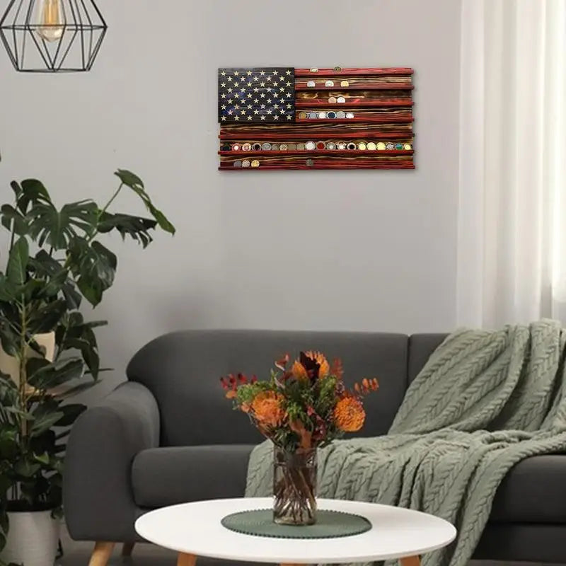 American Flag Display 7 Rows Wood Stand Rack Wall Mounted