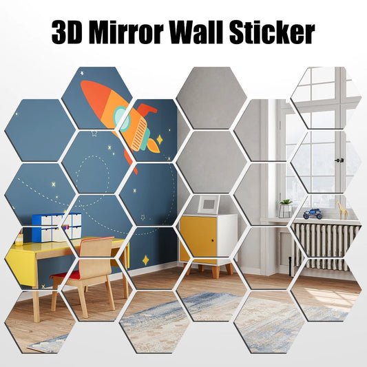 3D Mirror Wall Sticker Mirror Decor Stickers 24 PCS Self-adhesive Hexagon Decal 100mm