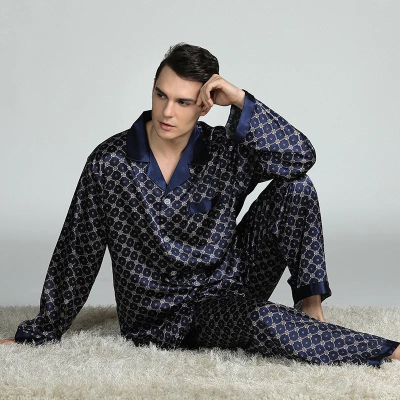PLUS SIZE Men's Pajamas 2PCS Sleepwear Set Silk Satin Indoor